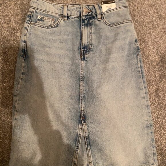 M&S denim skirt with split detail mid length new with tags - Picture 1 of 5